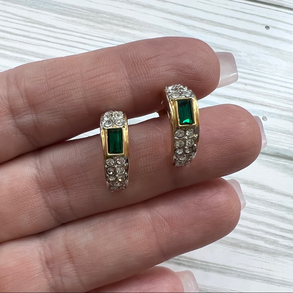 Pierced rhinestone & emerald half hoop earrings